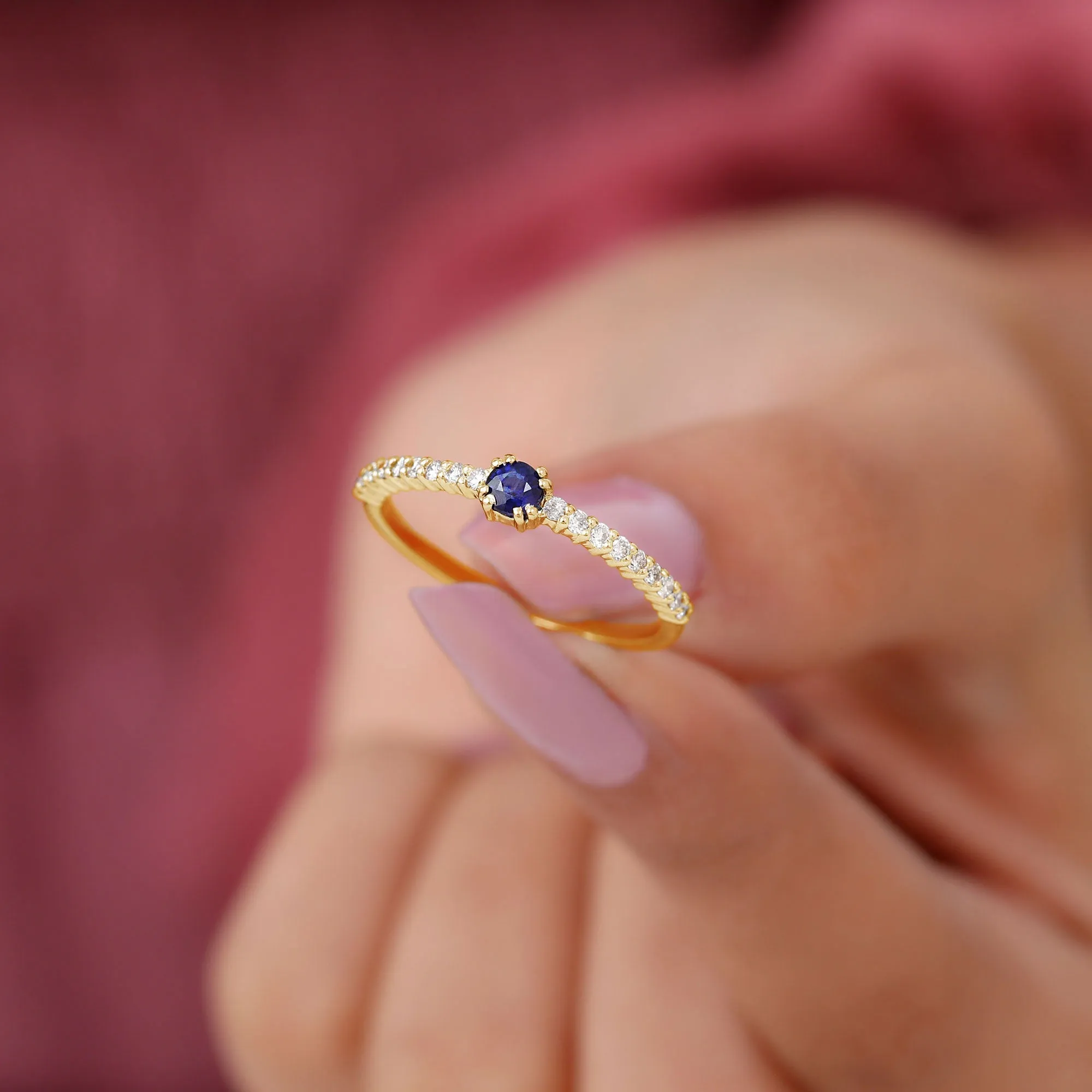 Round Blue Sapphire Dainty Promise Ring with Diamond
