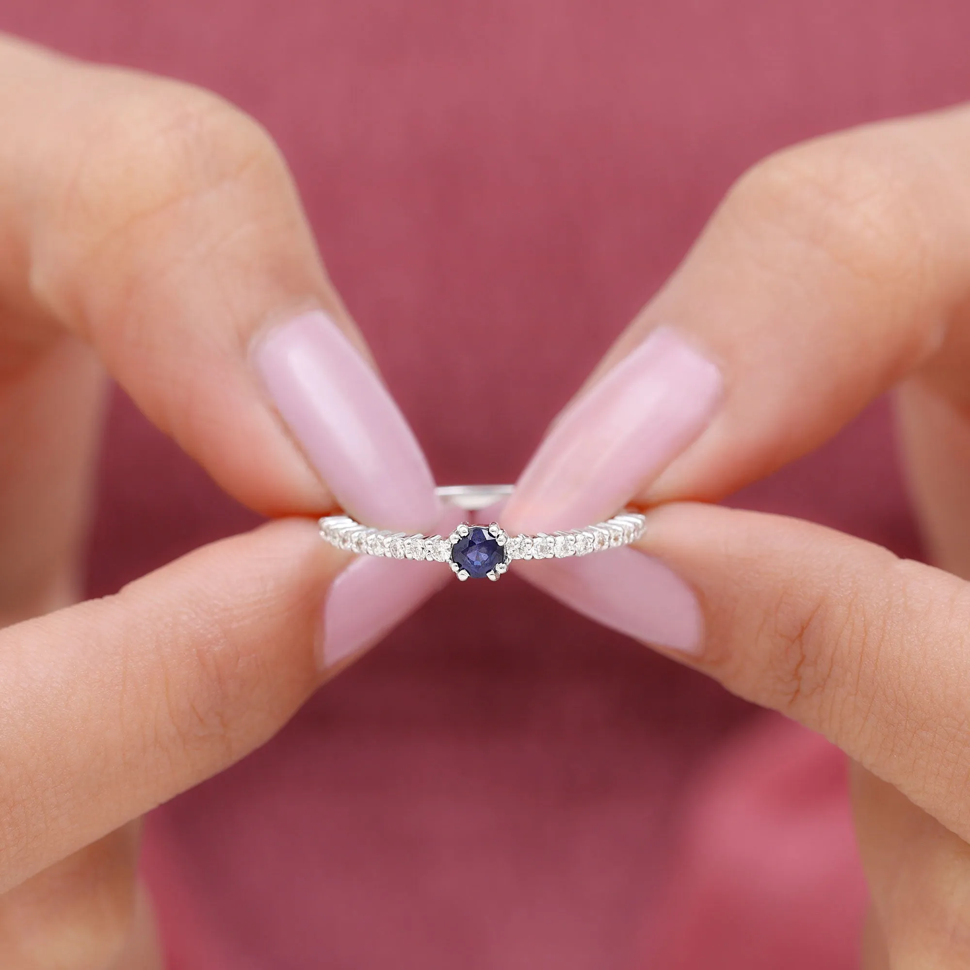 Round Blue Sapphire Dainty Promise Ring with Diamond