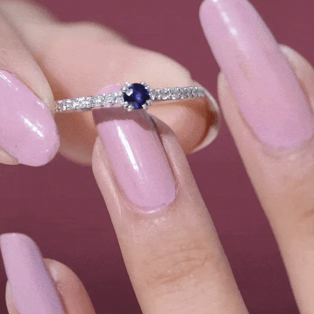 Round Blue Sapphire Dainty Promise Ring with Diamond