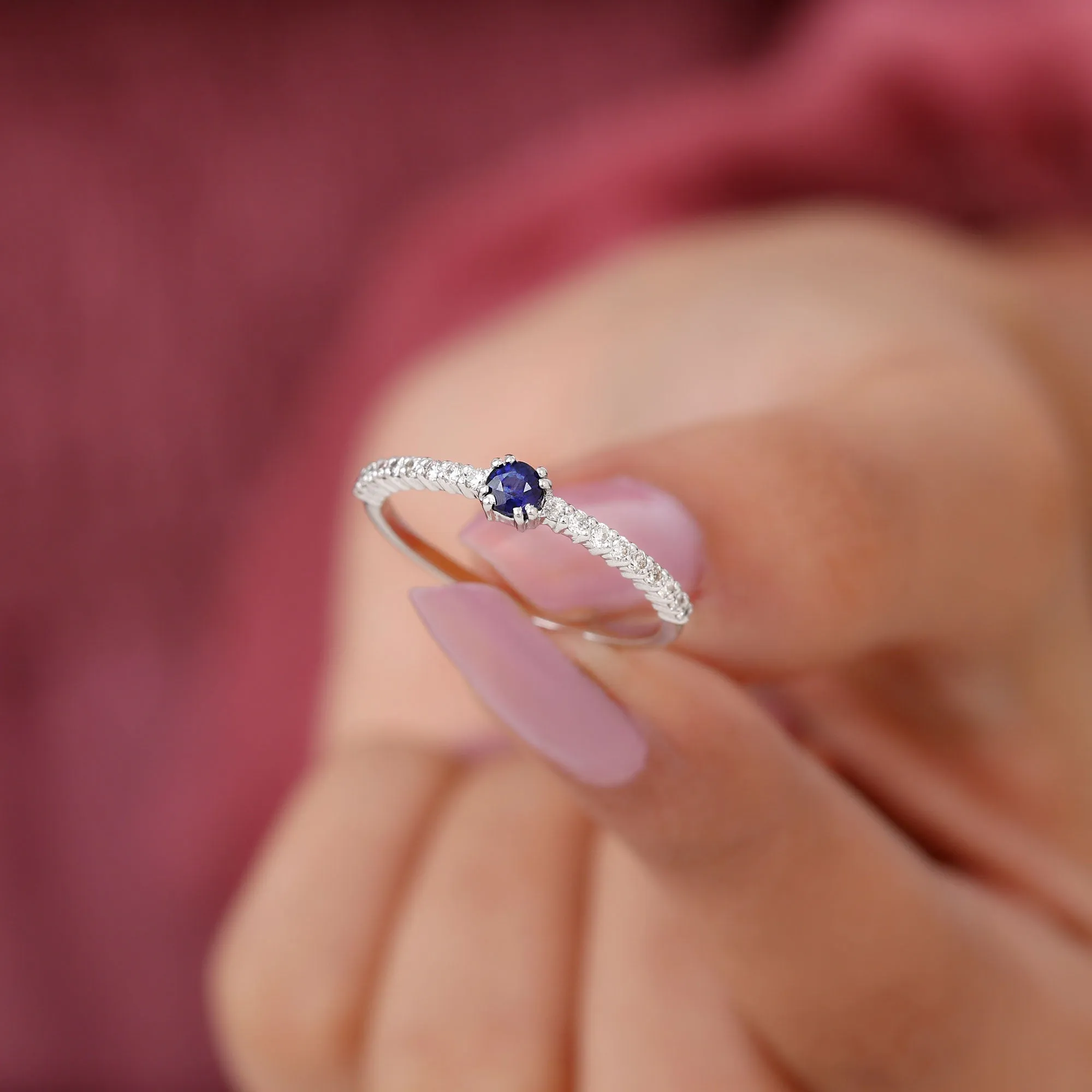 Round Blue Sapphire Dainty Promise Ring with Diamond