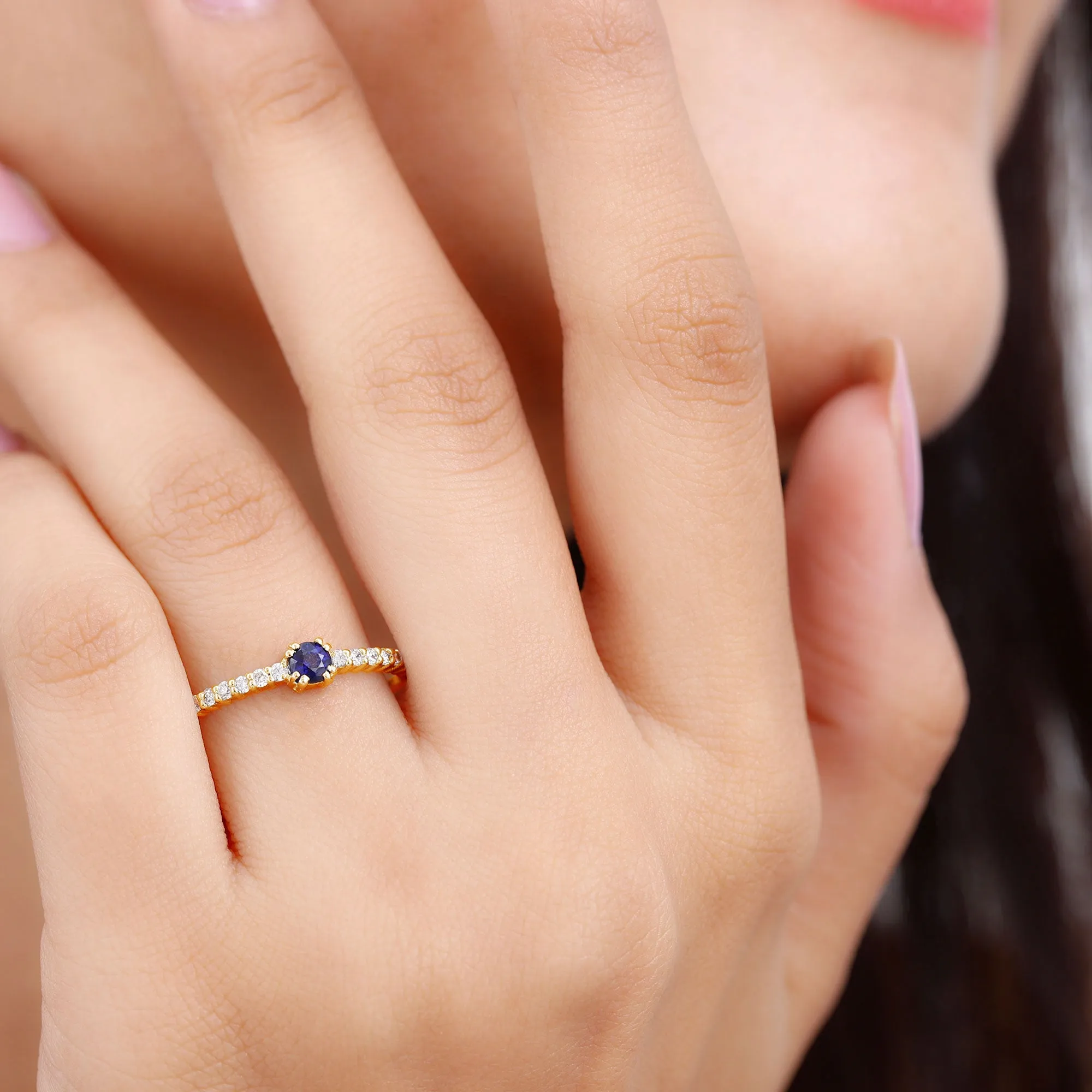 Round Blue Sapphire Dainty Promise Ring with Diamond