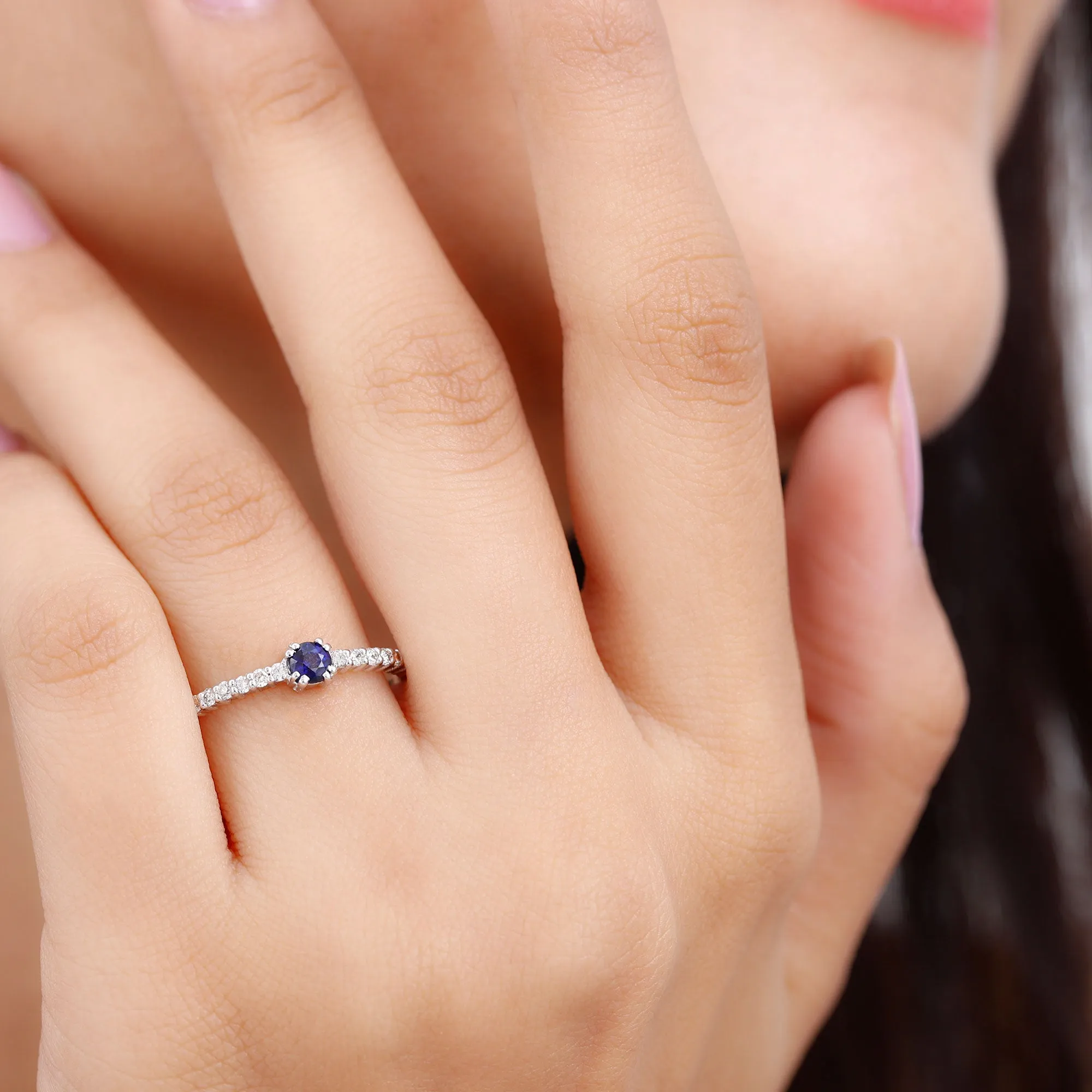 Round Blue Sapphire Dainty Promise Ring with Diamond
