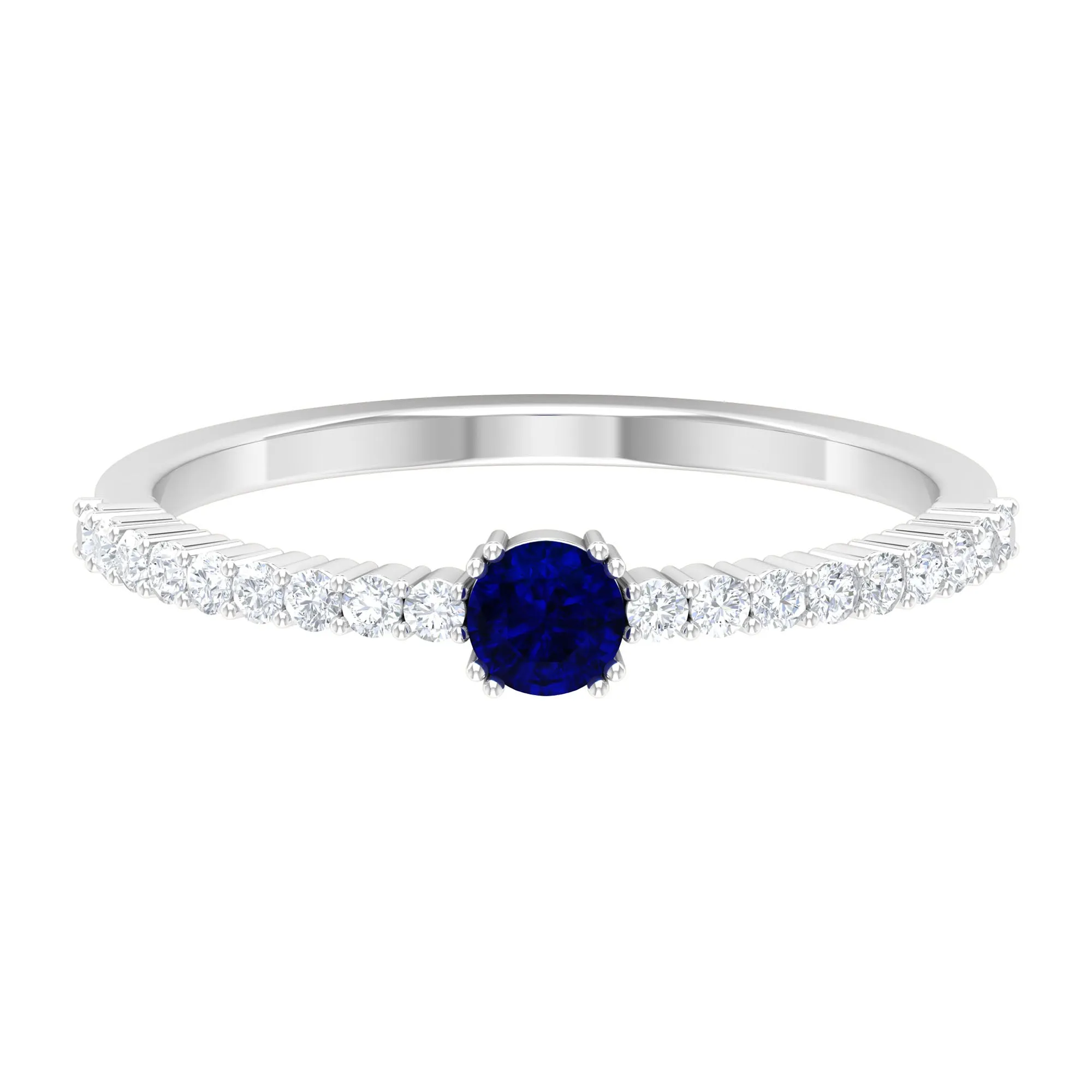 Round Blue Sapphire Dainty Promise Ring with Diamond