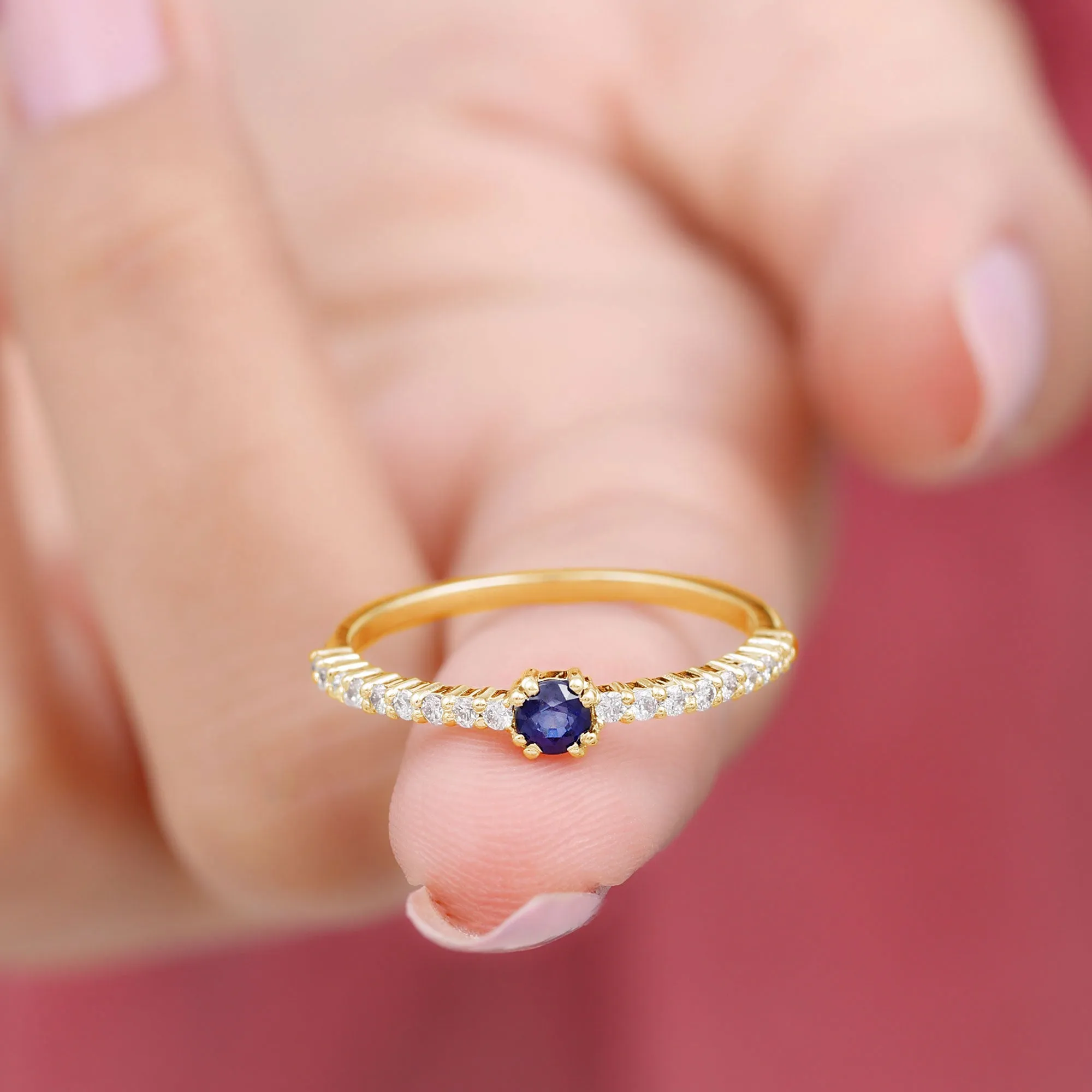 Round Blue Sapphire Dainty Promise Ring with Diamond