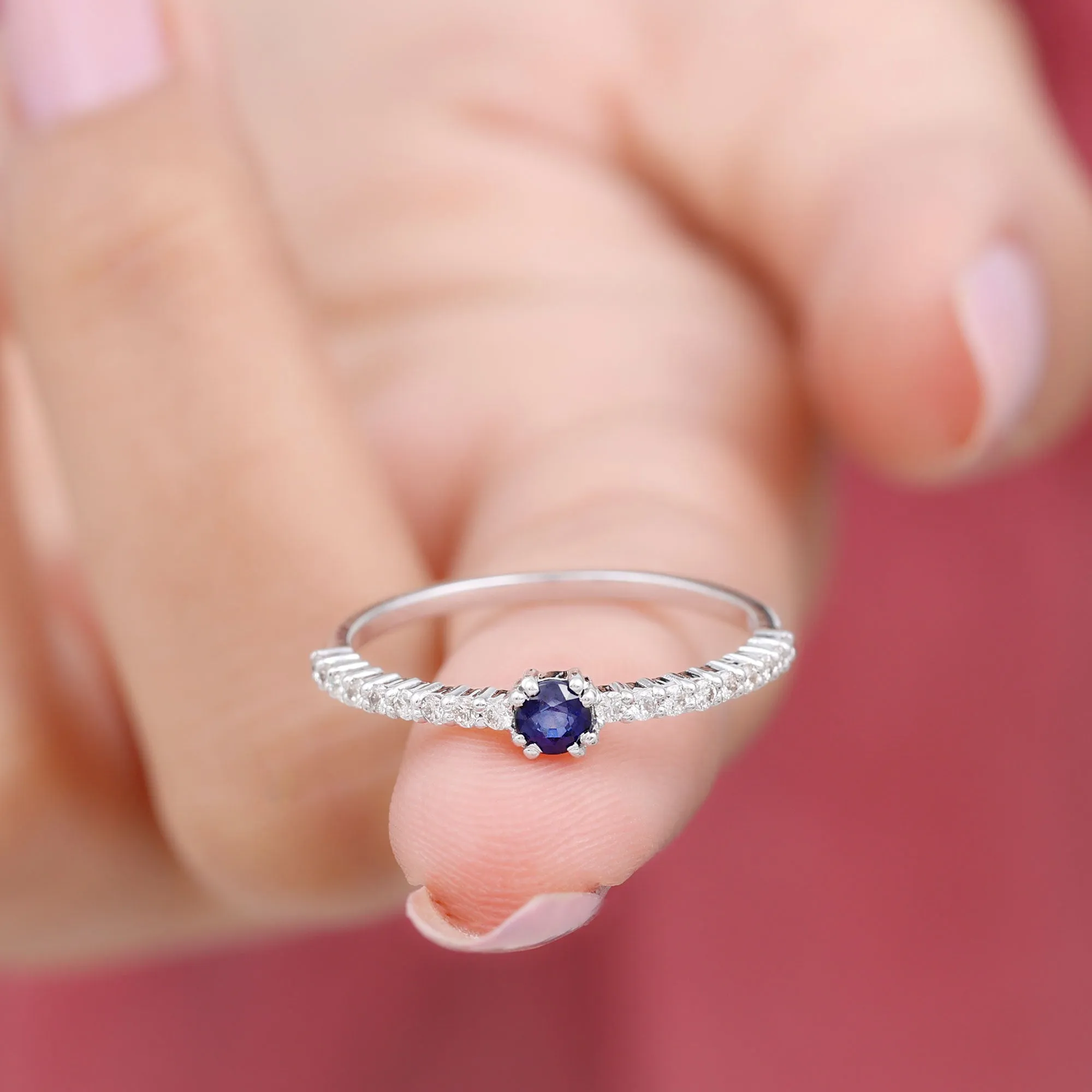 Round Blue Sapphire Dainty Promise Ring with Diamond