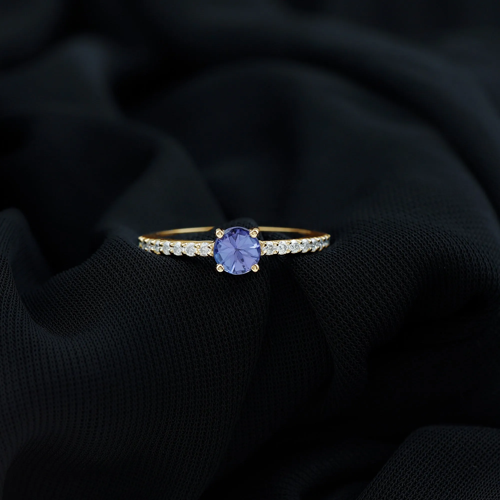 Round Tanzanite and Diamond Minimal Promise Ring