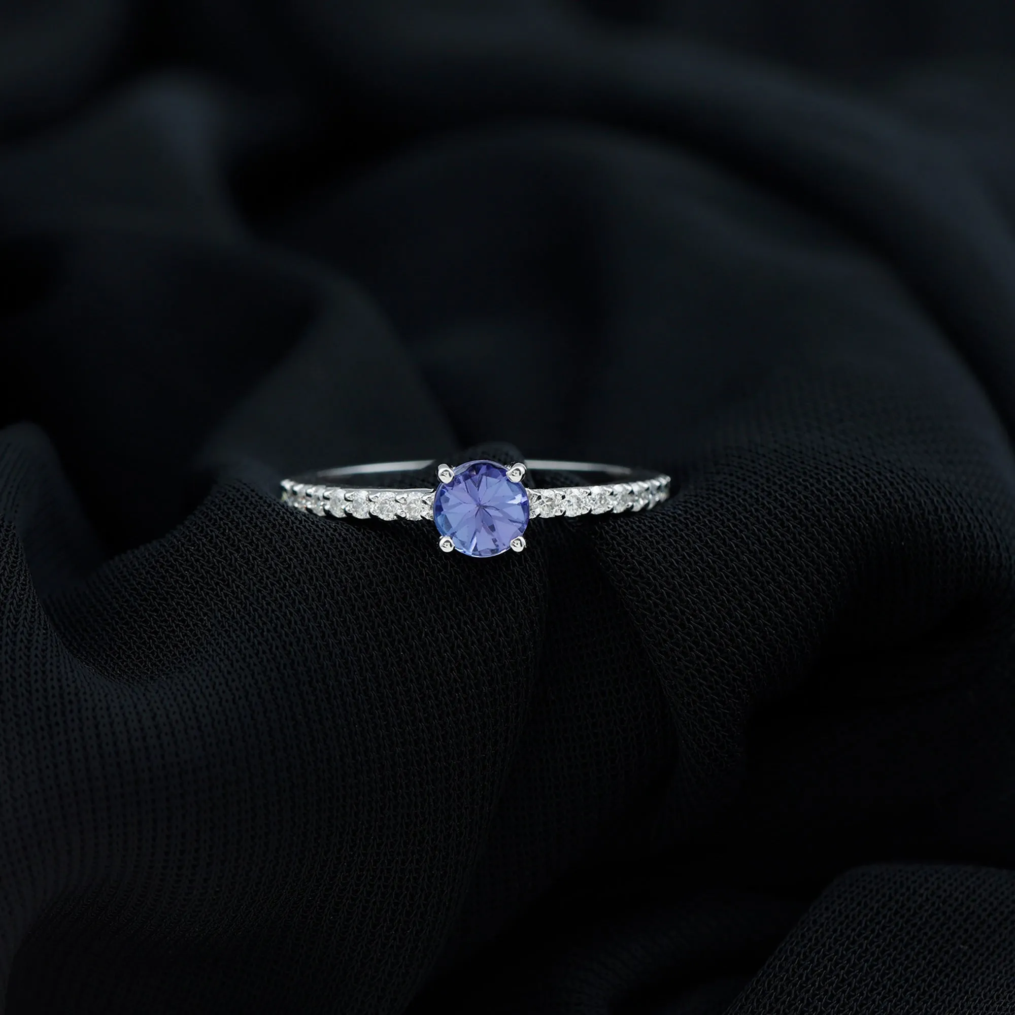 Round Tanzanite and Diamond Minimal Promise Ring