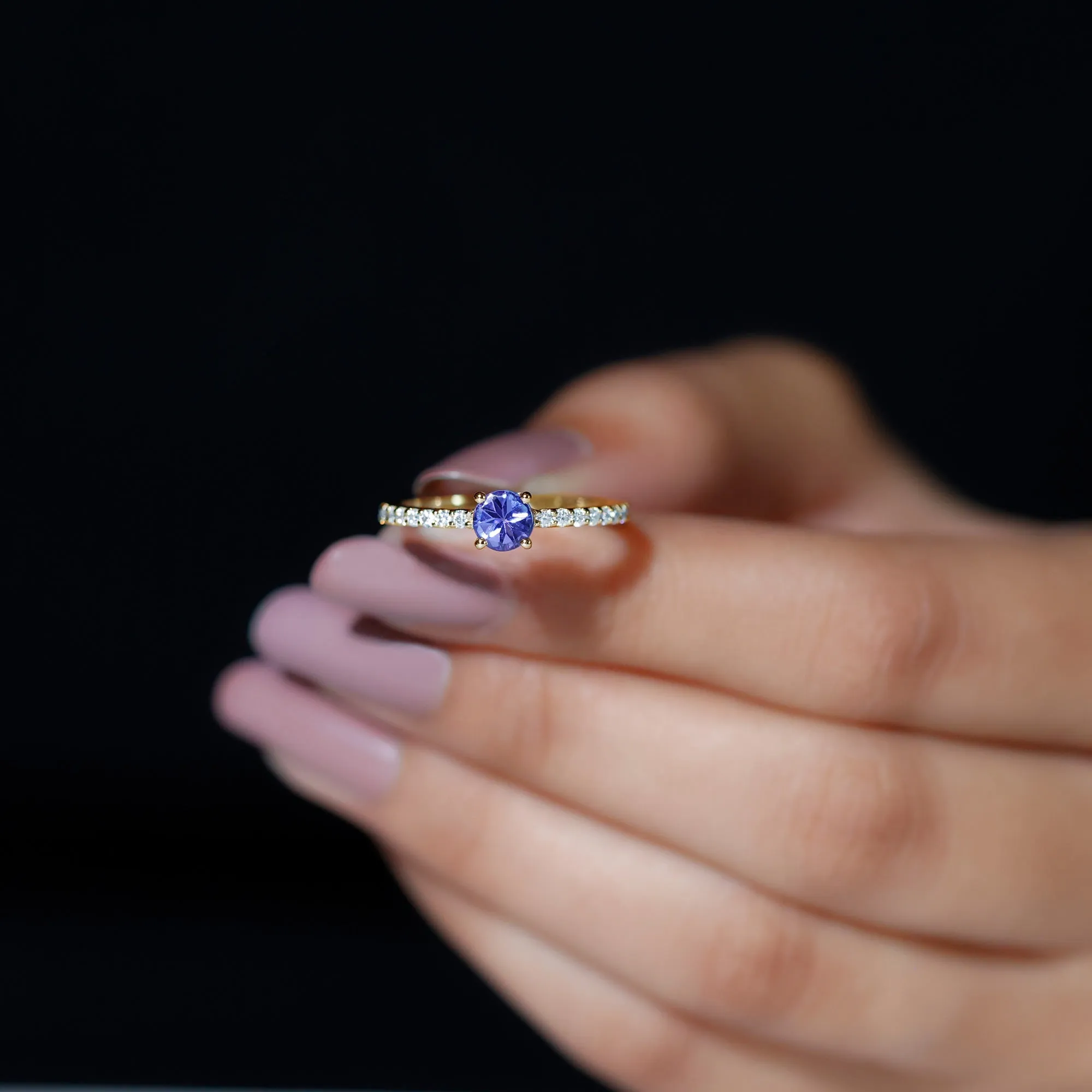 Round Tanzanite and Diamond Minimal Promise Ring