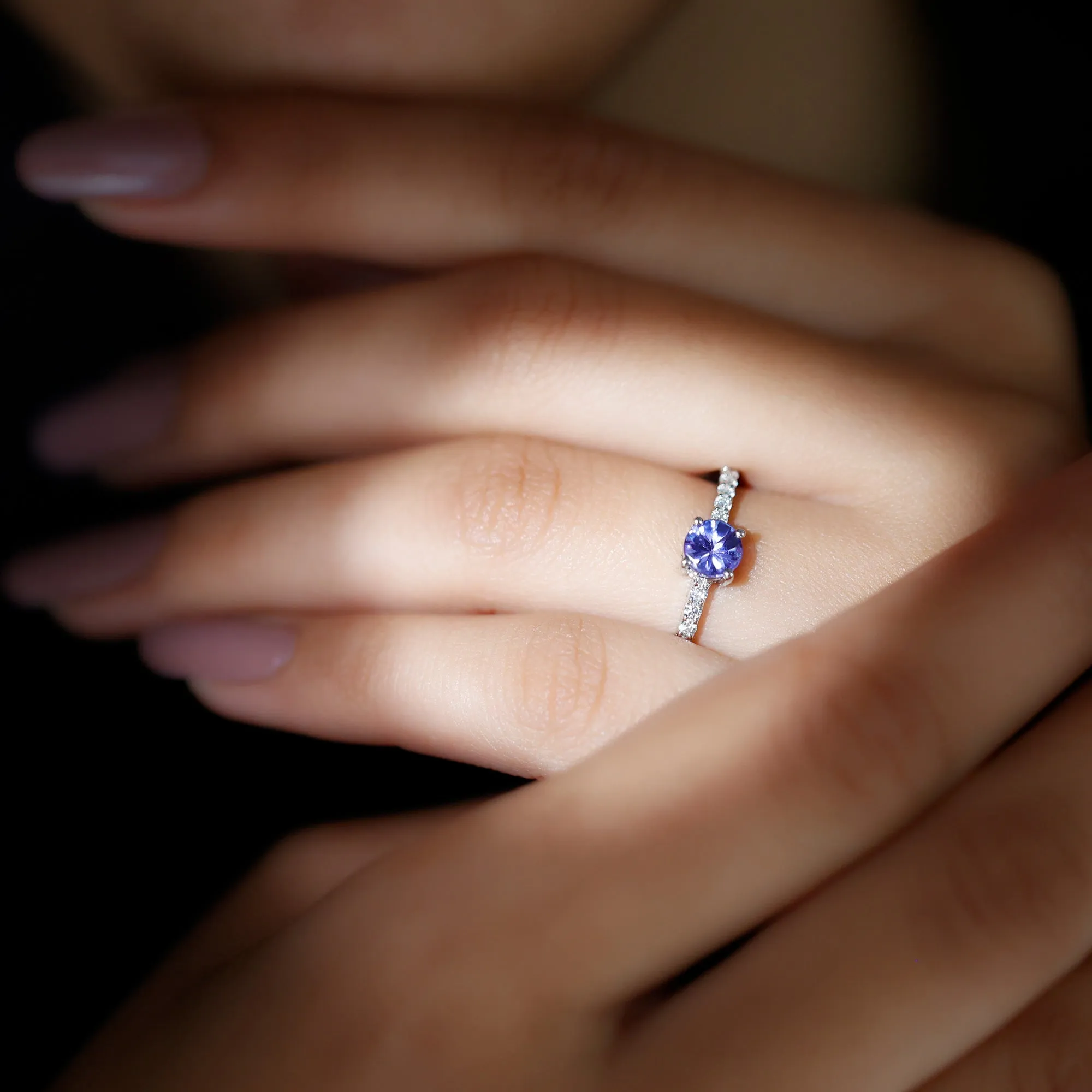 Round Tanzanite and Diamond Minimal Promise Ring