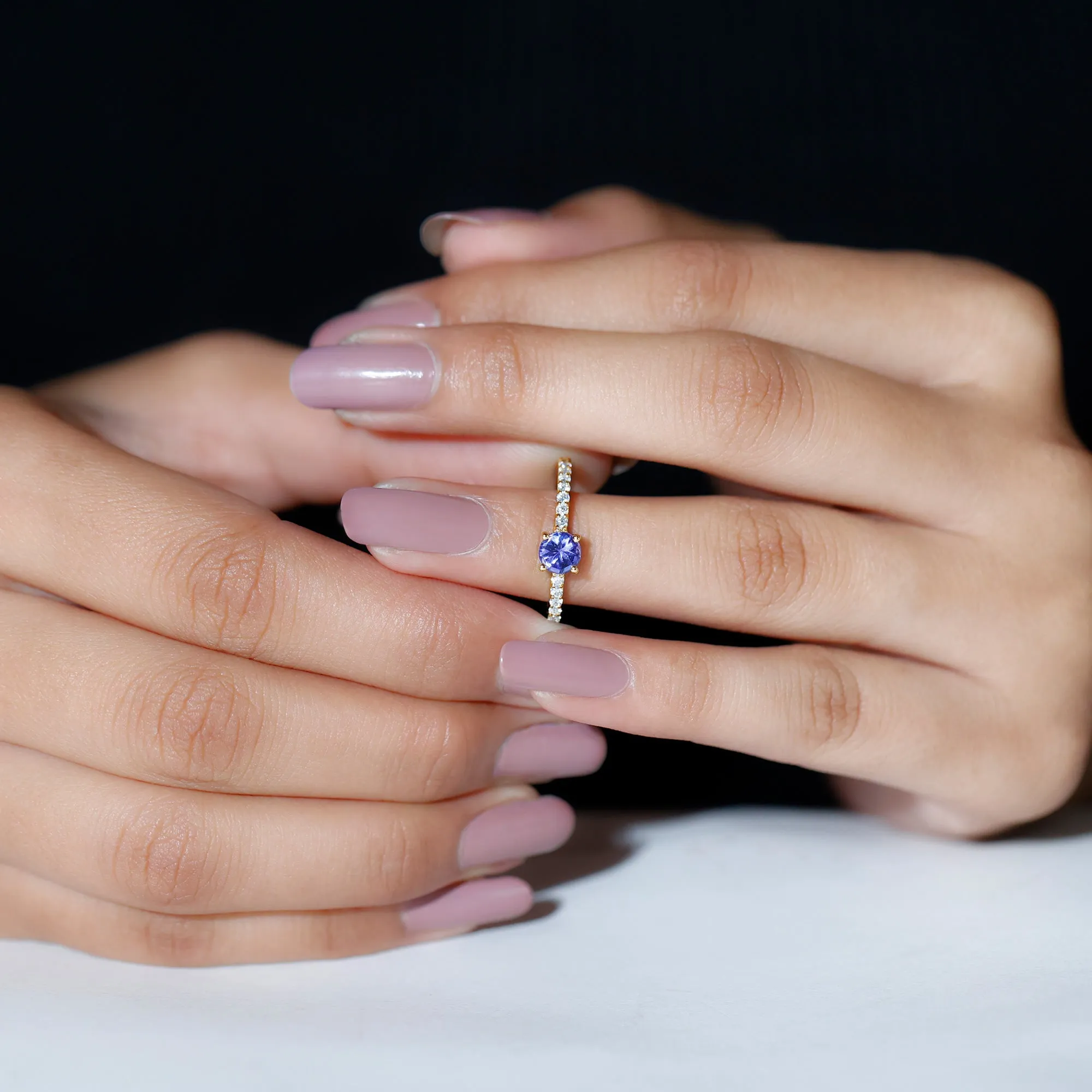 Round Tanzanite and Diamond Minimal Promise Ring