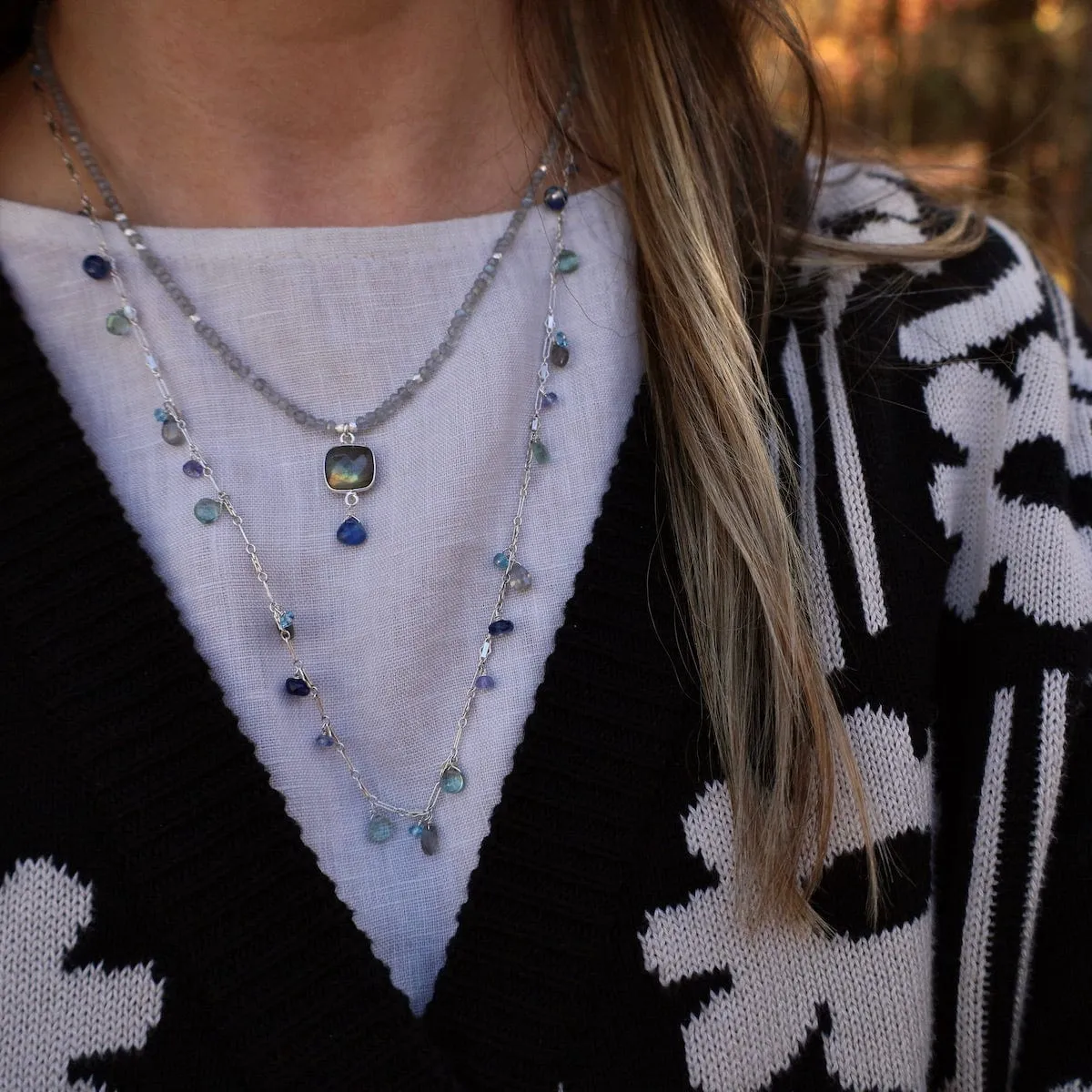 Silver Blue Topaz & Labradorite Rain Drops Necklace