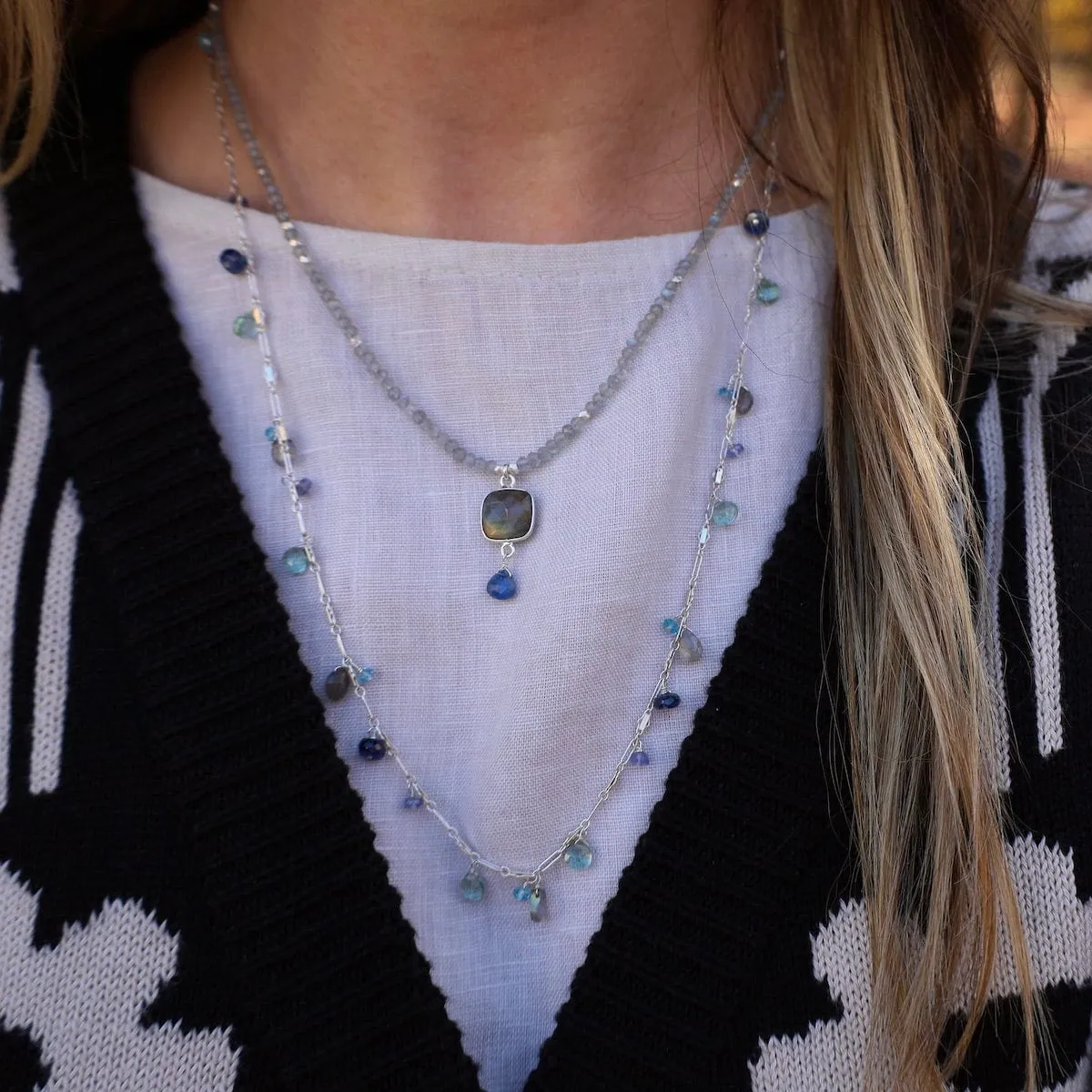 Silver Blue Topaz & Labradorite Rain Drops Necklace