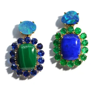 Sole - Mismatched Drop Earrings with Emerald, Kyanite, Lapis, Malachite, and Black Opal, 18k Yellow Gold
