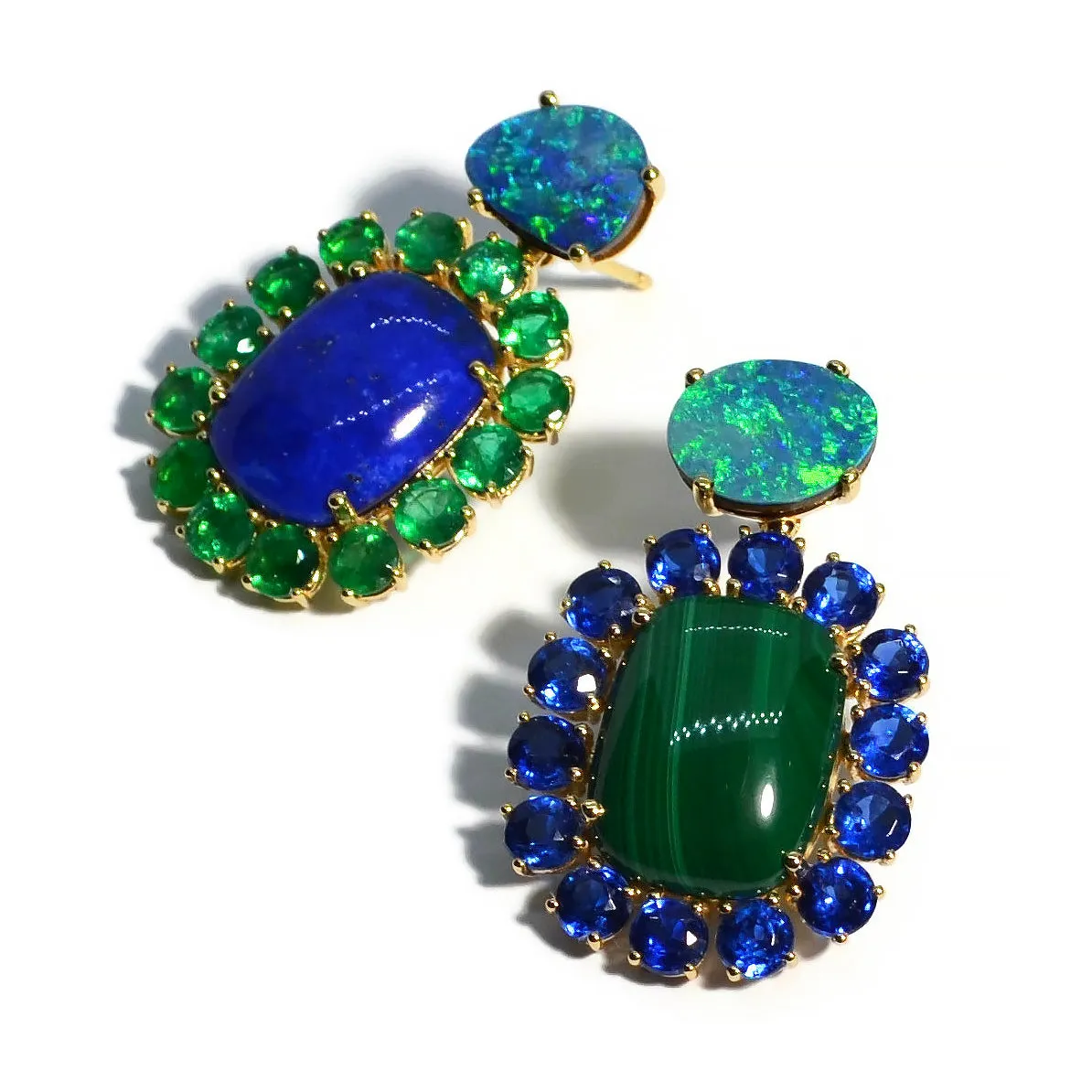 Sole - Mismatched Drop Earrings with Emerald, Kyanite, Lapis, Malachite, and Black Opal, 18k Yellow Gold