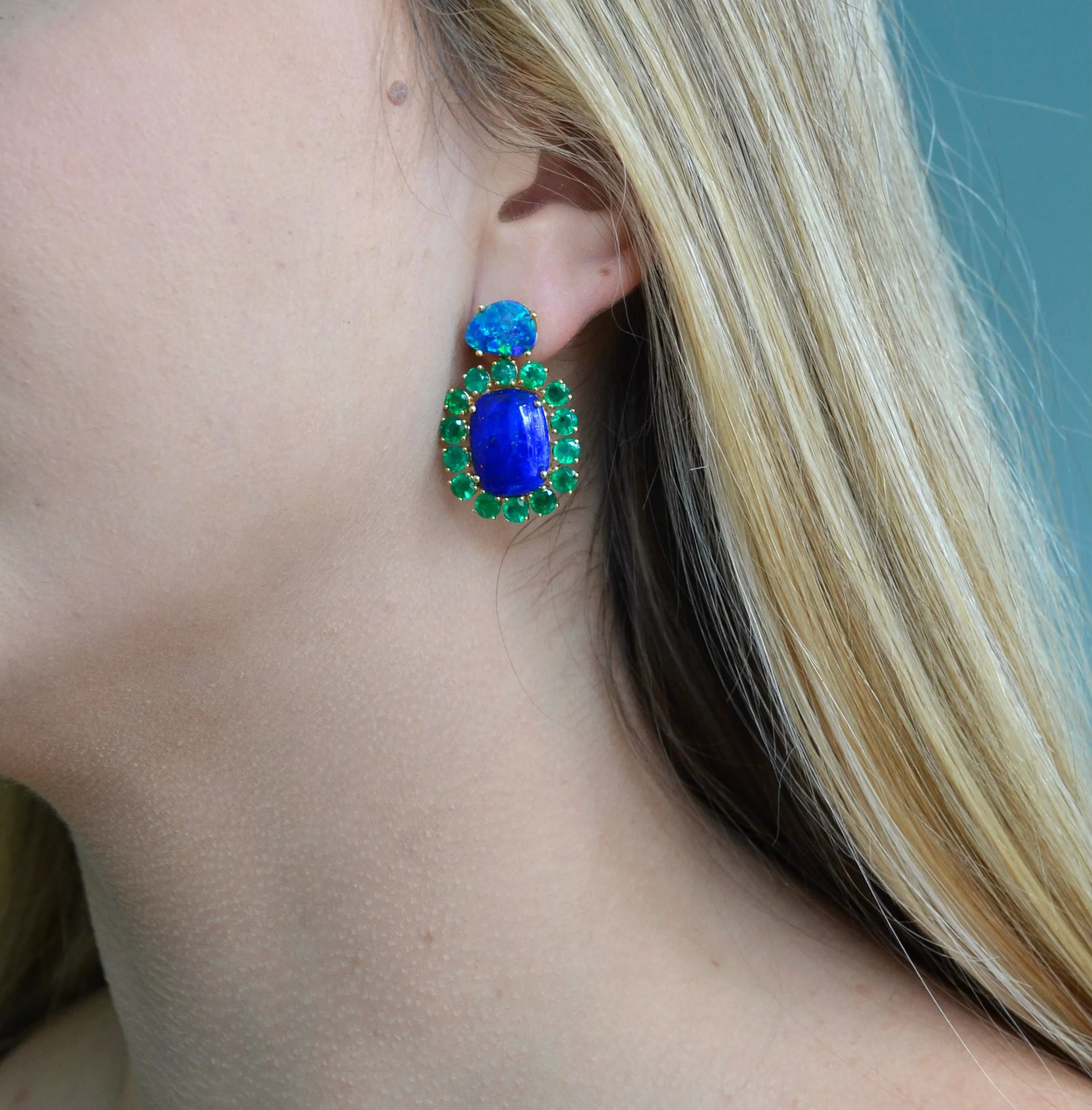 Sole - Mismatched Drop Earrings with Emerald, Kyanite, Lapis, Malachite, and Black Opal, 18k Yellow Gold