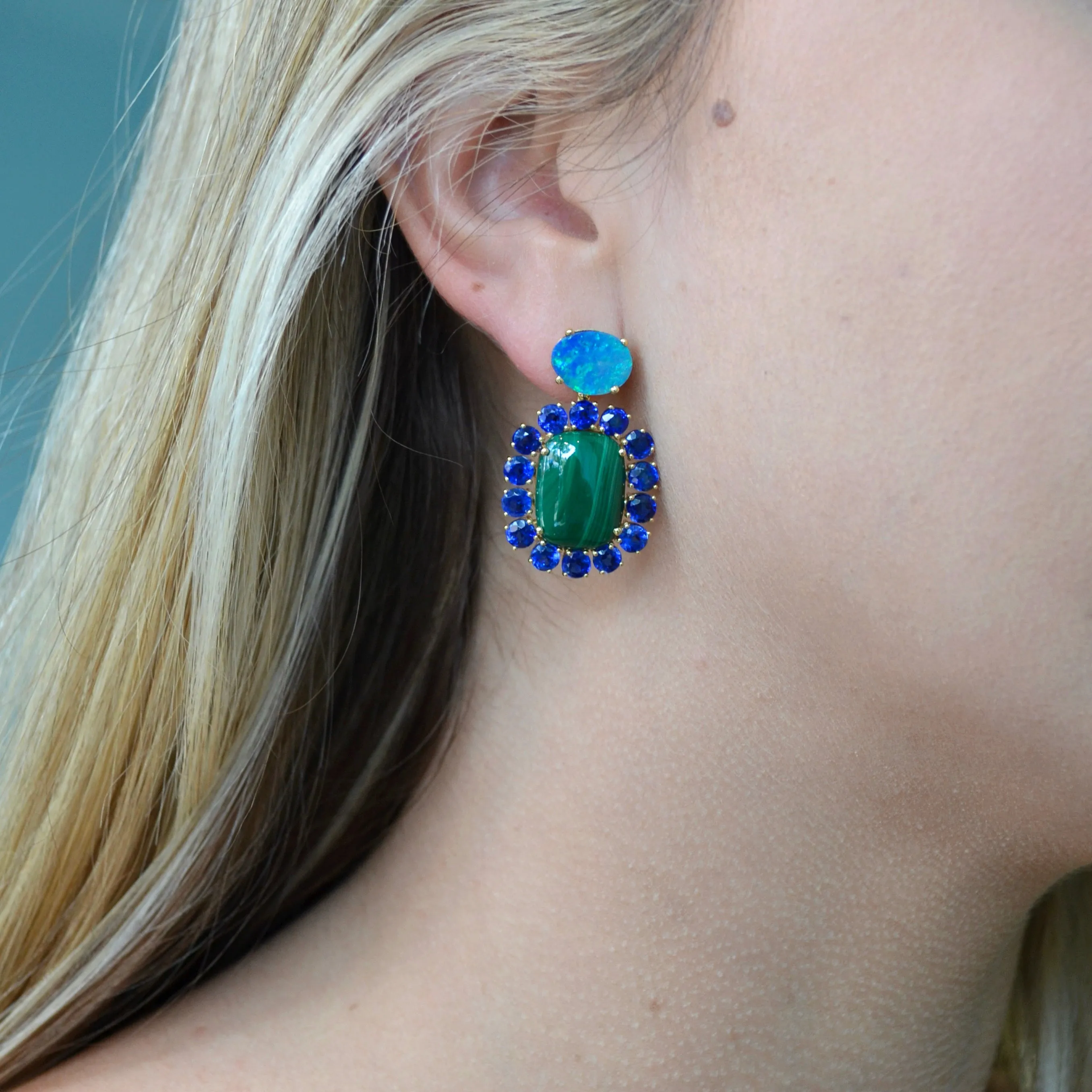 Sole - Mismatched Drop Earrings with Emerald, Kyanite, Lapis, Malachite, and Black Opal, 18k Yellow Gold