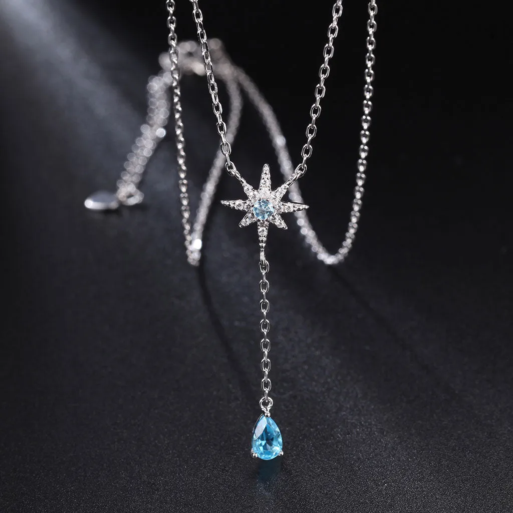 Sparkly Crystal Cubic Zirconia Star Blue Topaz Heart Pendant NeckLace