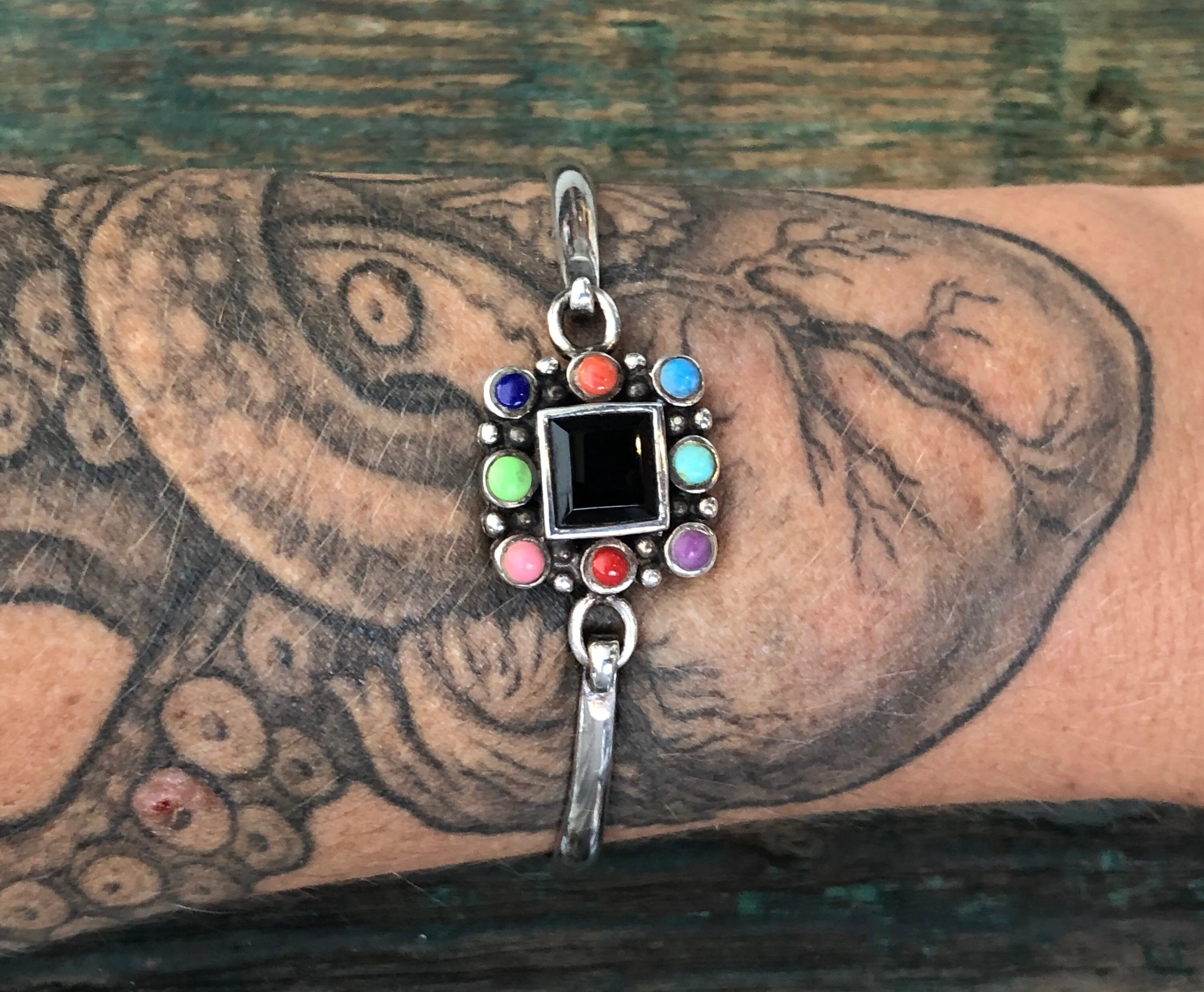 Sterling Silver Multi Gemstone ( onyx, turquoise, coral, jasper)  hinged Bangle Bracelet