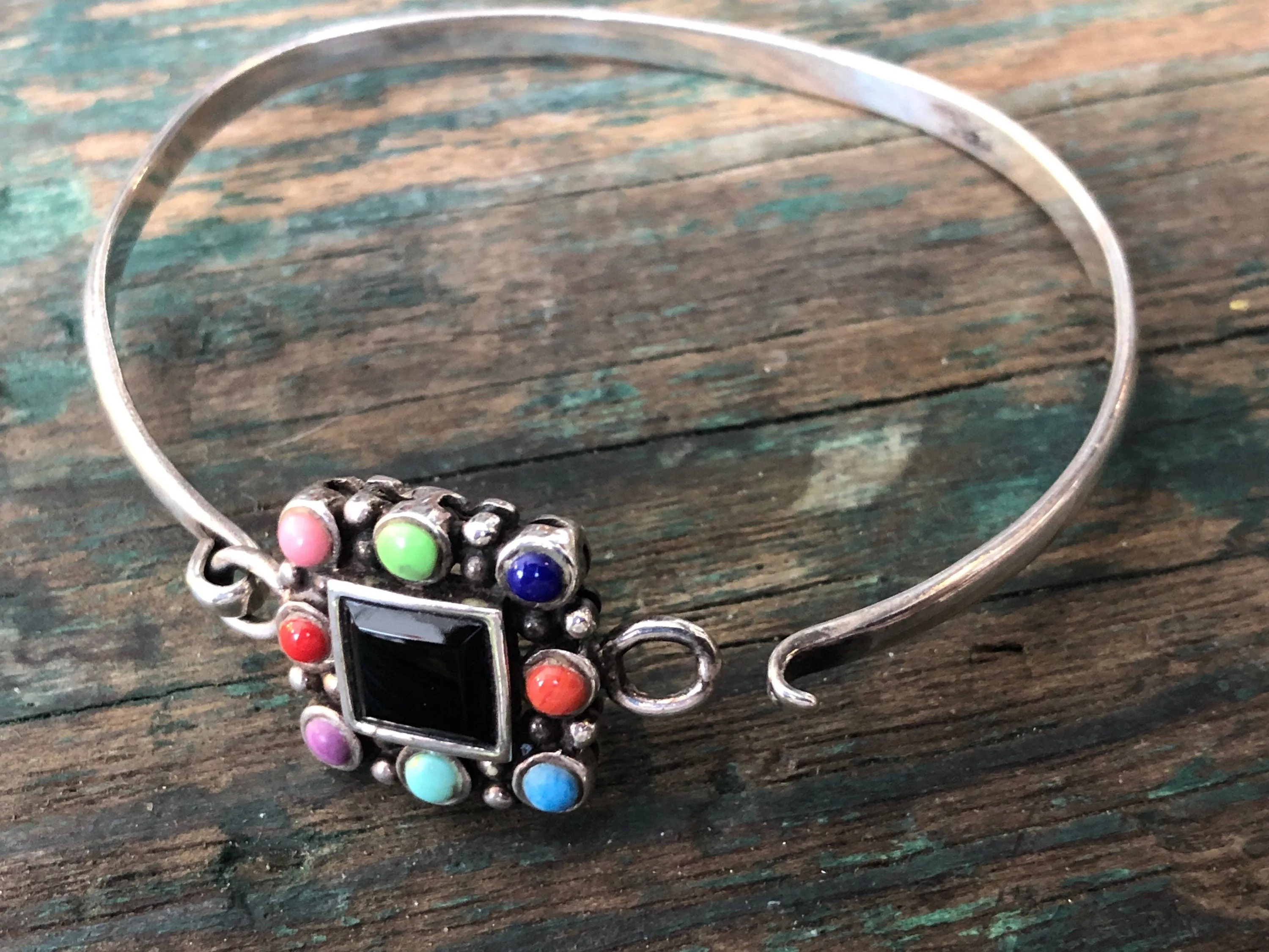 Sterling Silver Multi Gemstone ( onyx, turquoise, coral, jasper)  hinged Bangle Bracelet