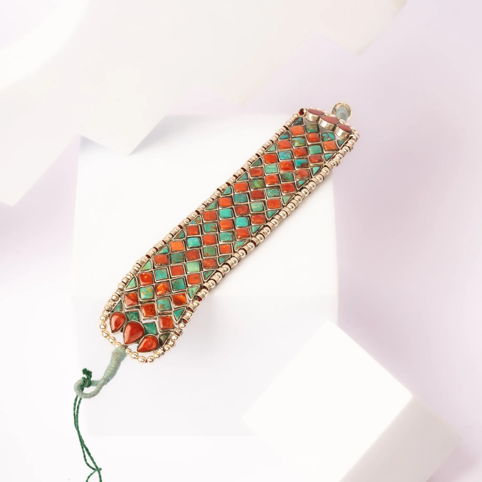 Stunning Coral and Turquoise Silver Rakhi /Friendship Band