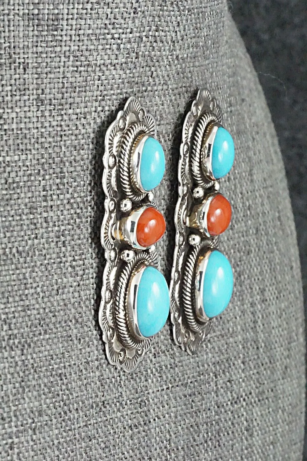 Turquoise, Coral & Sterling Silver Earrings - Bernyse Chavez