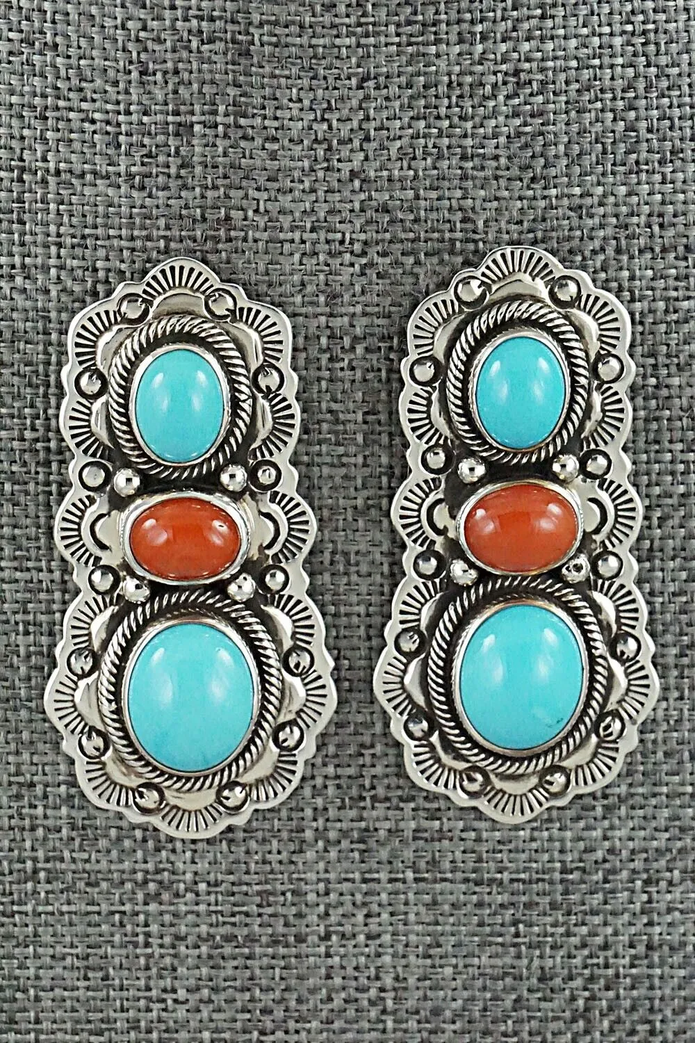 Turquoise, Coral & Sterling Silver Earrings - Bernyse Chavez