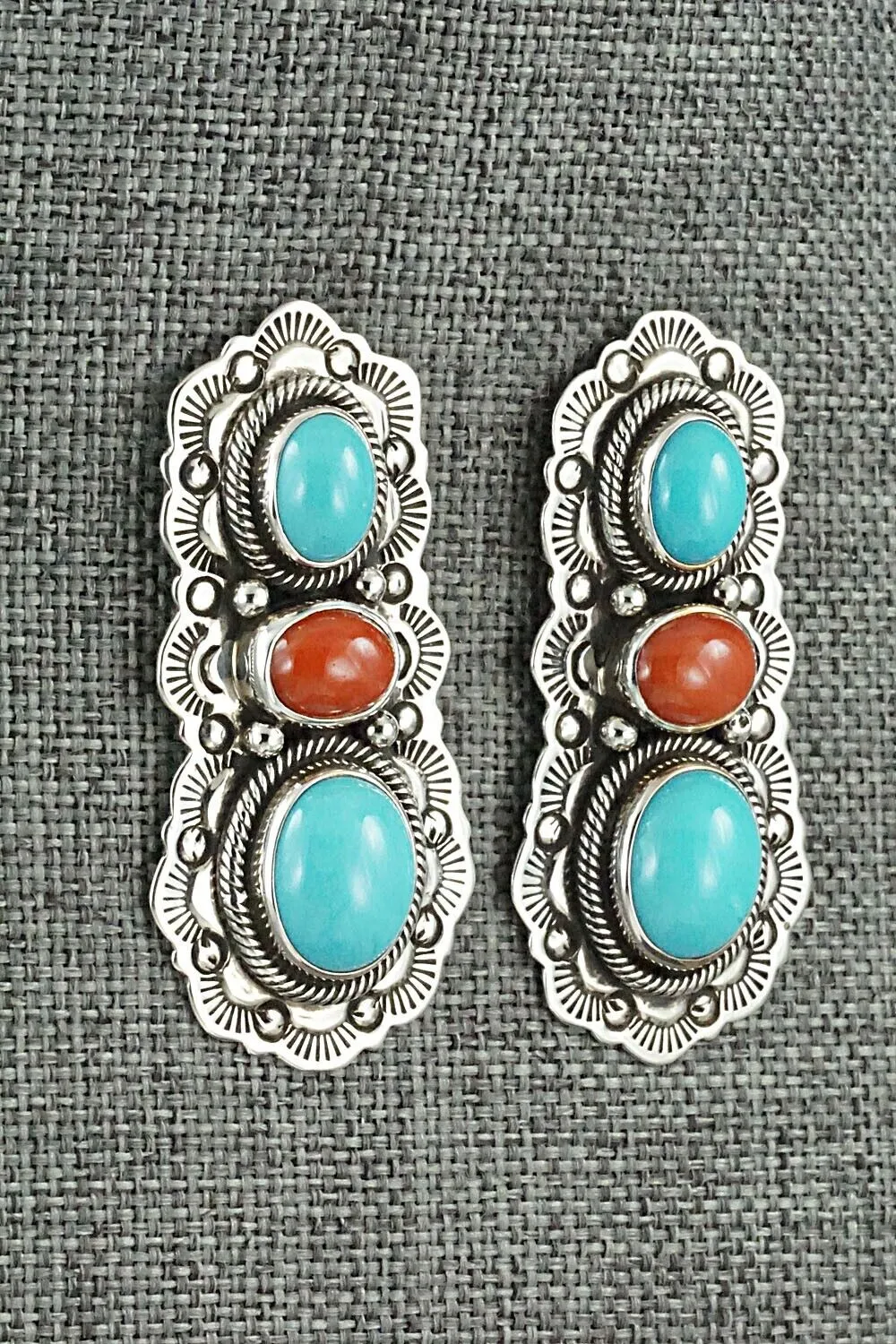 Turquoise, Coral & Sterling Silver Earrings - Bernyse Chavez