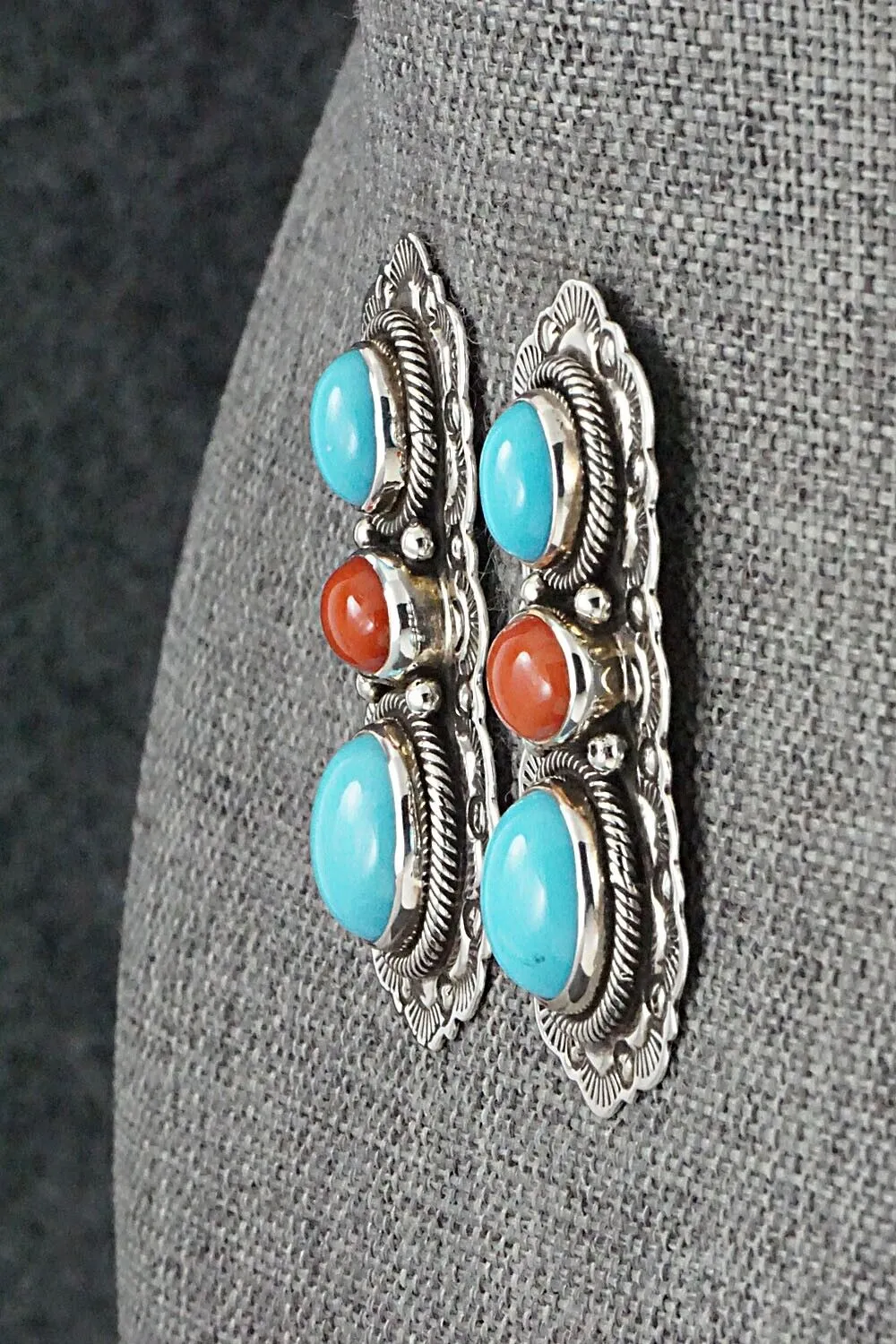 Turquoise, Coral & Sterling Silver Earrings - Bernyse Chavez