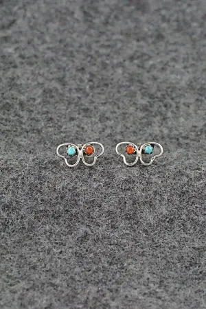 Turquoise, Coral & Sterling Silver Earrings - Dorothy Natachu